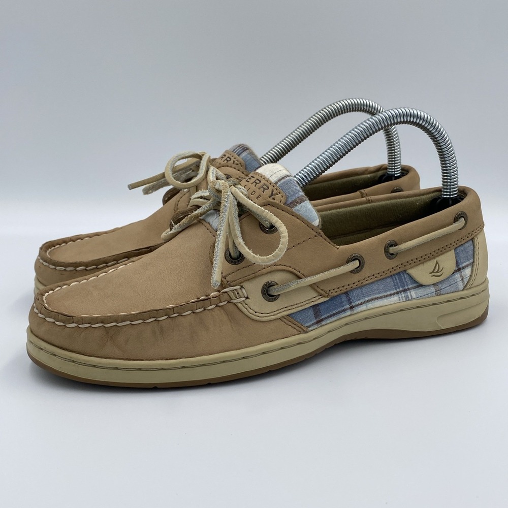 Sperry Top-Sider Bluefish 2-Eye Women's 8M Plaid Fabric Tan Leather Boat Shoes